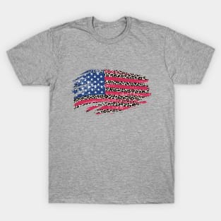 Grunge distressed American flag leopard print T-Shirt